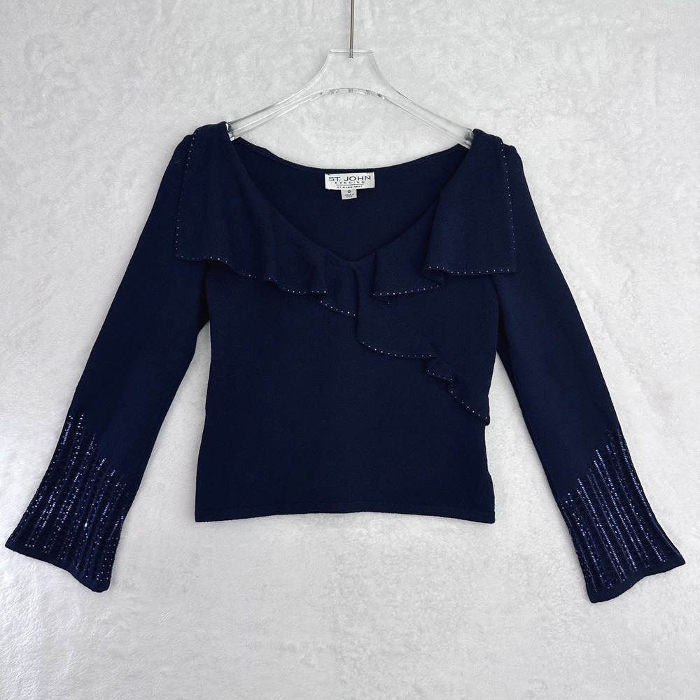 ST JOHN EVENING By Marie Gray Navy Blue Sequin Ruffle Knit Sweater Top Size 0